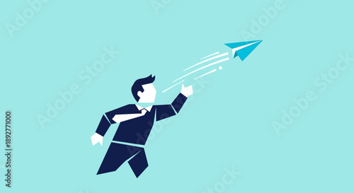 Man in suit running with a rocket attached to his back.