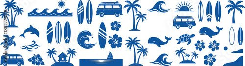 A tropical beach and surf-themed vector set with palm trees, waves, surfboards, a van, flamingos, and ocean elements with quotes, in a bold graphic style. Perfect for t-shirt prints, posters, stickers