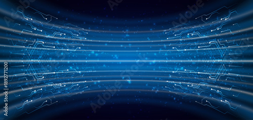 Blue glowing lines with glitter light effect on dark background. High speed internet technology concept or fast wireless data transmission. modern internet network connection technology background