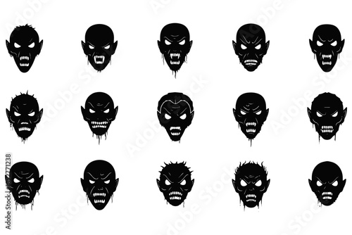 Scary Face Silhouettes Collection – Horror, Fear, and Monster Icons Vector