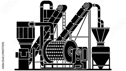 A black and white illustration of an industrial machine with various components