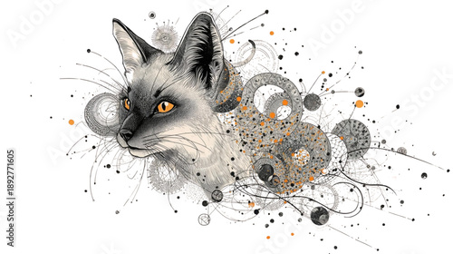 Intricate Black and White Fox Illustration with Vibrant Orange Eyes and Abstract Swirling Patterns
