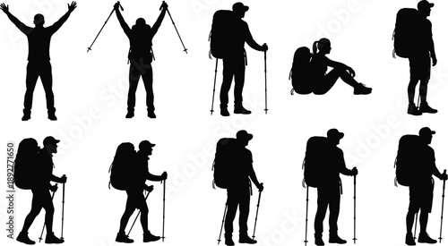 Black Silhouette Collection of Hikers and Backpackers Including Men and Women with Trekking Poles and Large Backpacks Isolated on White Background for Adventure Design
