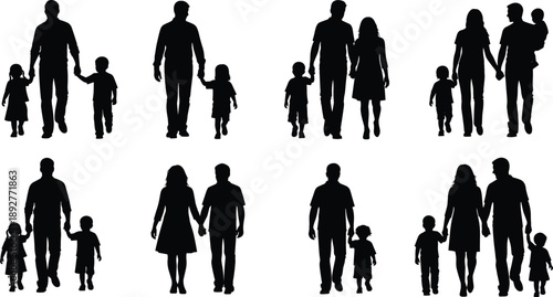 Black Silhouette Collection of Happy Families Including Parents Holding Hands with Children and Toddlers Walking Together Isolated on White Background for Family Unity Design