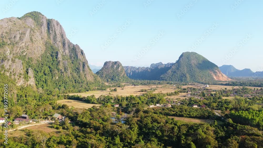 custom made wallpaper toronto digitalAerial perspective of majestic limestone karst mountains and tropical jungle with dracaenas and cycas in Vang Vieng, Laos