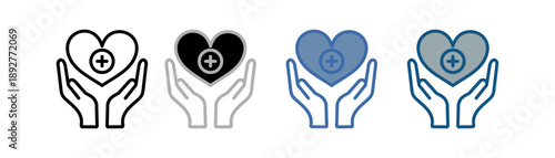 
Healthcare and medical icon set multiple style collection with two hands, heart and plus sign design