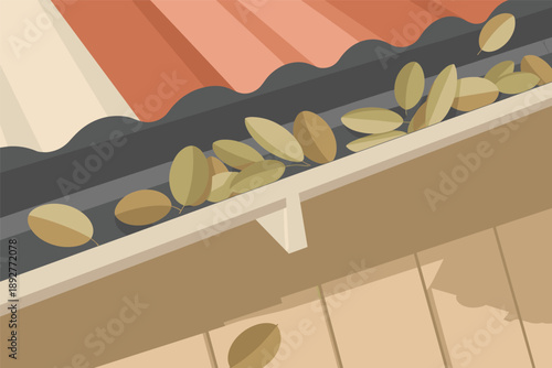 Clogged Gutter with Autumn Leaves, home maintenance problem concept