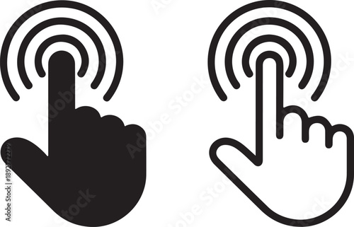 Two black and white icons depicting a pointing hand with radiating circles symbolizing touch or interaction high quality professional