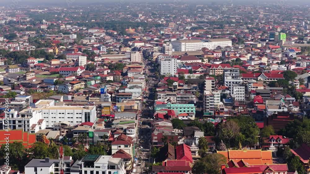 custom made wallpaper toronto digitalHigh angle static panoramic of Vientiane cityscape in Laos showing Mekong River bordering with Thailand and urban development