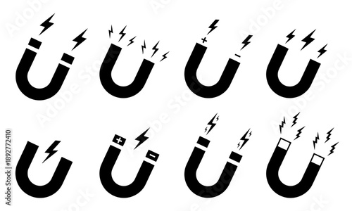 Set of horseshoe magnet icons with lightning bolts and polarity symbols, illustrating magnetic force and attraction, scientific vector graphics for physics and energy concepts