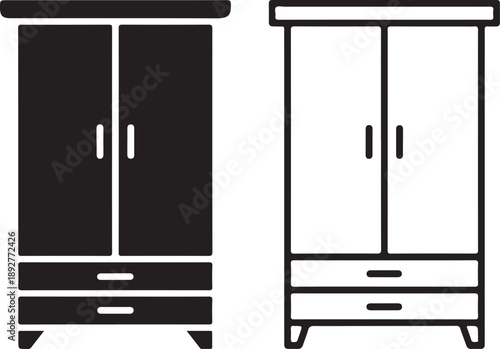 A minimalist graphic depicts two black and white wardrobe designs showcasing differing styles and drawer configurations high quality professional