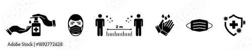 Set of icons related to health and safety measures, including hand sanitizer, face mask, social distancing, hand washing, and virus protection shield, for public health campaigns.
