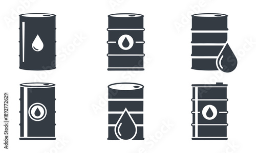 Set of industrial oil barrels in dark gray, representing storage, fuel, chemicals and manufacturing, useful for industry and resource themes