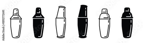 Set of cocktail shaker icons in black and white outline and silhouette styles for mixology and beverage preparation design elements