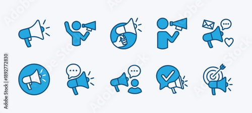 Set of communication and announcement icons featuring megaphones, people speaking, social media symbols, and target for marketing and promotion concepts, bright blue color scheme
