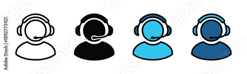 Set of customer support icons featuring headsets and user profiles, representing support, service, and assistance, available in outline, solid black, and blue color variations.