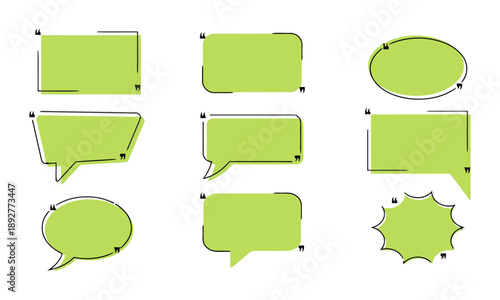 Set of nine speech bubble and text box shapes in light green with black outline and quotation marks for dialogue