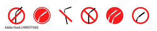 Set of 'no straw' prohibition signs with drinking straws crossed out, indicating ban on plastic straws and promoting eco-friendly alternatives for reducing pollution.