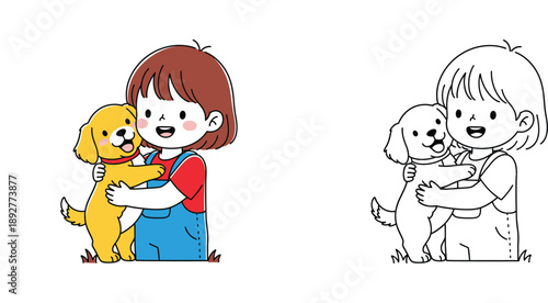 Cute cartoon girl hugging puppy vector illustration with coloring page outline isolated on white background