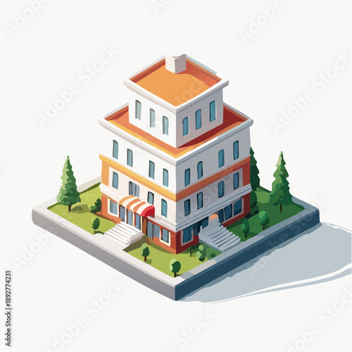 Isometric Hotel Building Cartoon Style