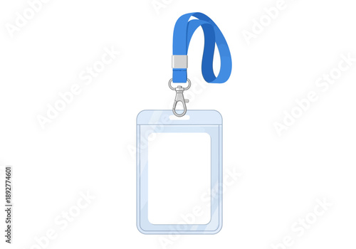 A blue lanyard with a clear plastic ID holder attached to it hangs from an invisible object against a white background