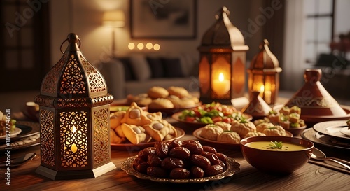 lifestyle ramadan photography with traditional food and lantern decor arranged neatly on table