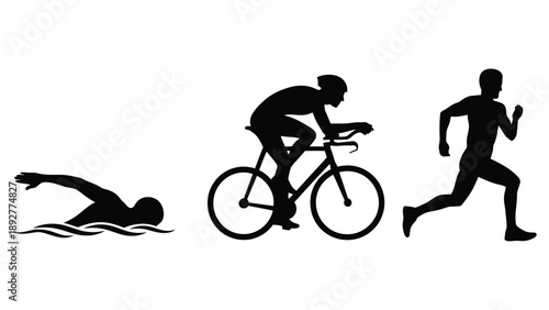 A triathlete in motion with silhouettes of swimming, cycling, and running