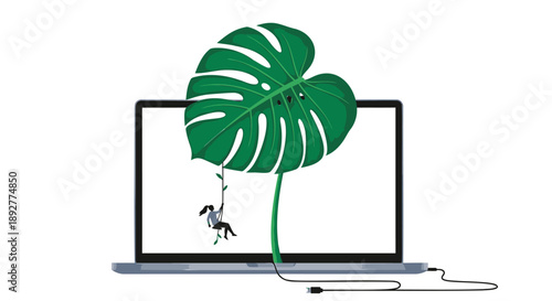 Laptop with green leaf and horse silhouette on screen symbolizing freedom and technology