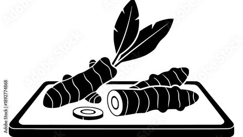A black and white illustration of sushi on a plate with chopsticks