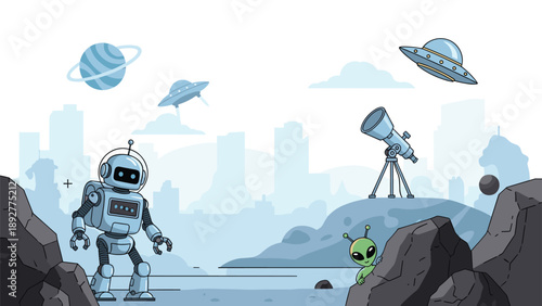 Futuristic sci-fi landscape on a distant planet featuring a robot, a curious alien, a telescope, and flying saucers in the starry night sky.