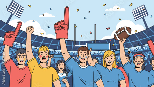 Enthusiastic sports fans cheer loudly in a packed stadium with confetti, foam fingers, and a football to celebrate their favorite team win.