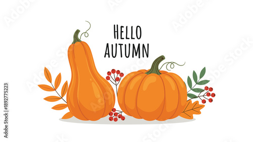 Beautiful autumn composition featuring different types of pumpkins, red berries, and colorful fall leaves with hello autumn text.