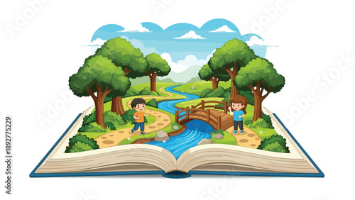 Colorful pop-up book displaying an enchanted landscape with kids playing near a river and a wooden bridge in a green forest.