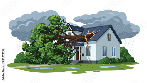 Large tree has fallen onto the roof of a suburban house during a heavy rainstorm with dark storm clouds and deep puddles.