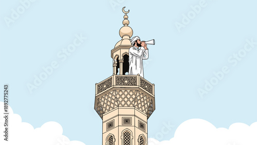 Muslim man in traditional white clothing standing on a mosque minaret and using a megaphone to perform the call to prayer.