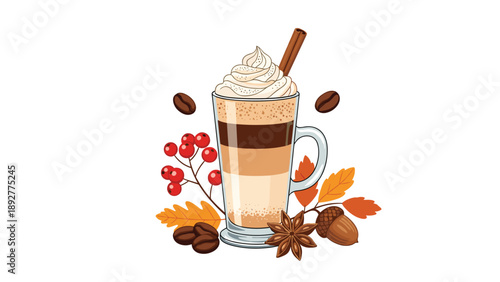 Delicious layered latte coffee in a glass mug topped with whipped cream and cinnamon stick among autumn leaves and coffee beans.