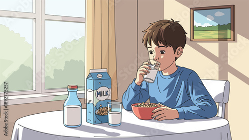Young boy sitting at a kitchen table and enjoying a healthy breakfast of cereal and milk in a bright and sunny dining room.