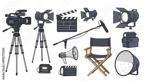 Comprehensive set of professional movie production equipment such as video cameras, studio lights, clapperboard, and a director chair.