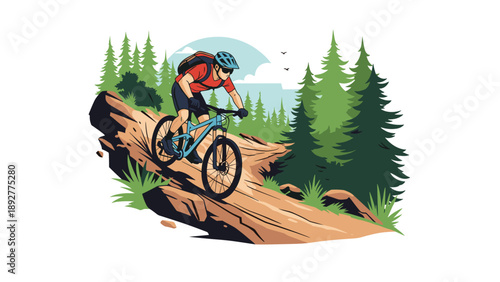 Active mountain biker riding a bicycle down a steep and rocky forest trail surrounded by tall evergreen pine trees and mountains.