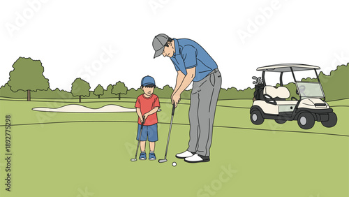 Patient father teaching his young son how to swing a golf club and play golf on a vast green course with a golf cart nearby.