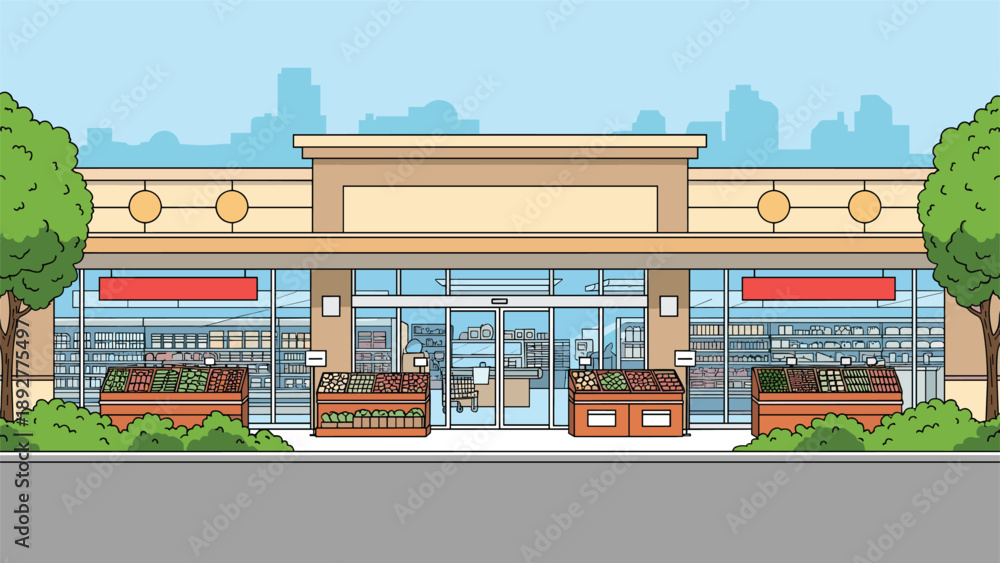 Fototapeta premium Modern supermarket building exterior with large glass windows revealing interior grocery displays against a distant city skyline.