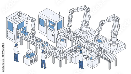 Advanced automated factory assembly line featuring robotic arms and industrial machines being monitored in a clean line art style.