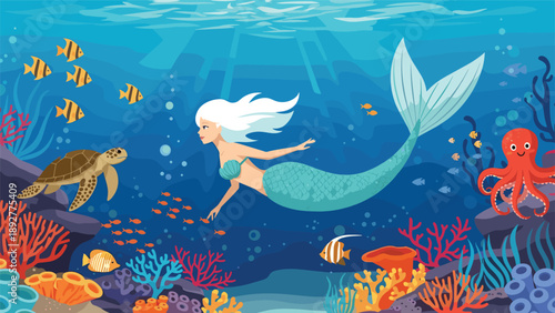 Beautiful white haired mermaid swimming gracefully through a vibrant underwater world filled with coral reefs and tropical fish.