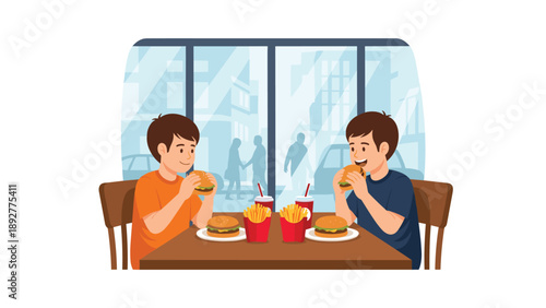 Young friends enjoying a meal of delicious burgers and fries while sitting in a fast food restaurant with a bright city view background.