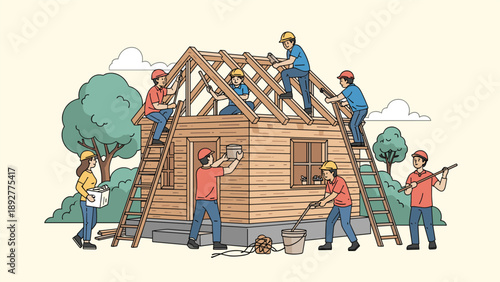 Diverse group of construction workers collaborating to build a traditional wooden log house with tools and ladders in a yard.