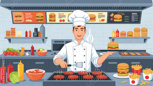 Friendly male chef in a professional kitchen grilling fresh meat patties and holding a burger on a tray with menu boards behind him.
