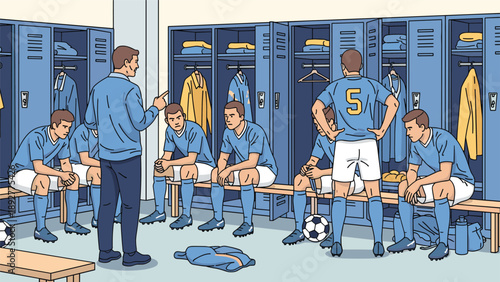 Experienced soccer coach giving an important pre game strategy talk to his focused team of players inside a blue themed locker room.