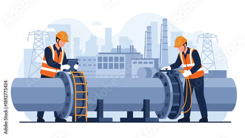 Professional industrial workers in safety gear and helmets working on a large pipeline project with a city and power lines in view.