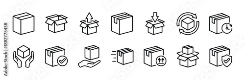 Set of package and shipping icons in outline and solid black styles, illustrating boxes, delivery, handling, and tracking for logistics and e-commerce workflows