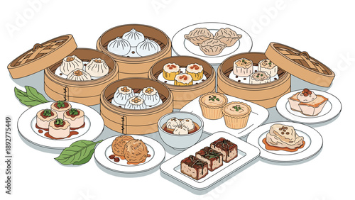 Large assortment of delicious traditional Chinese dim sum dishes served in bamboo steamers and on plates arranged in a food spread.